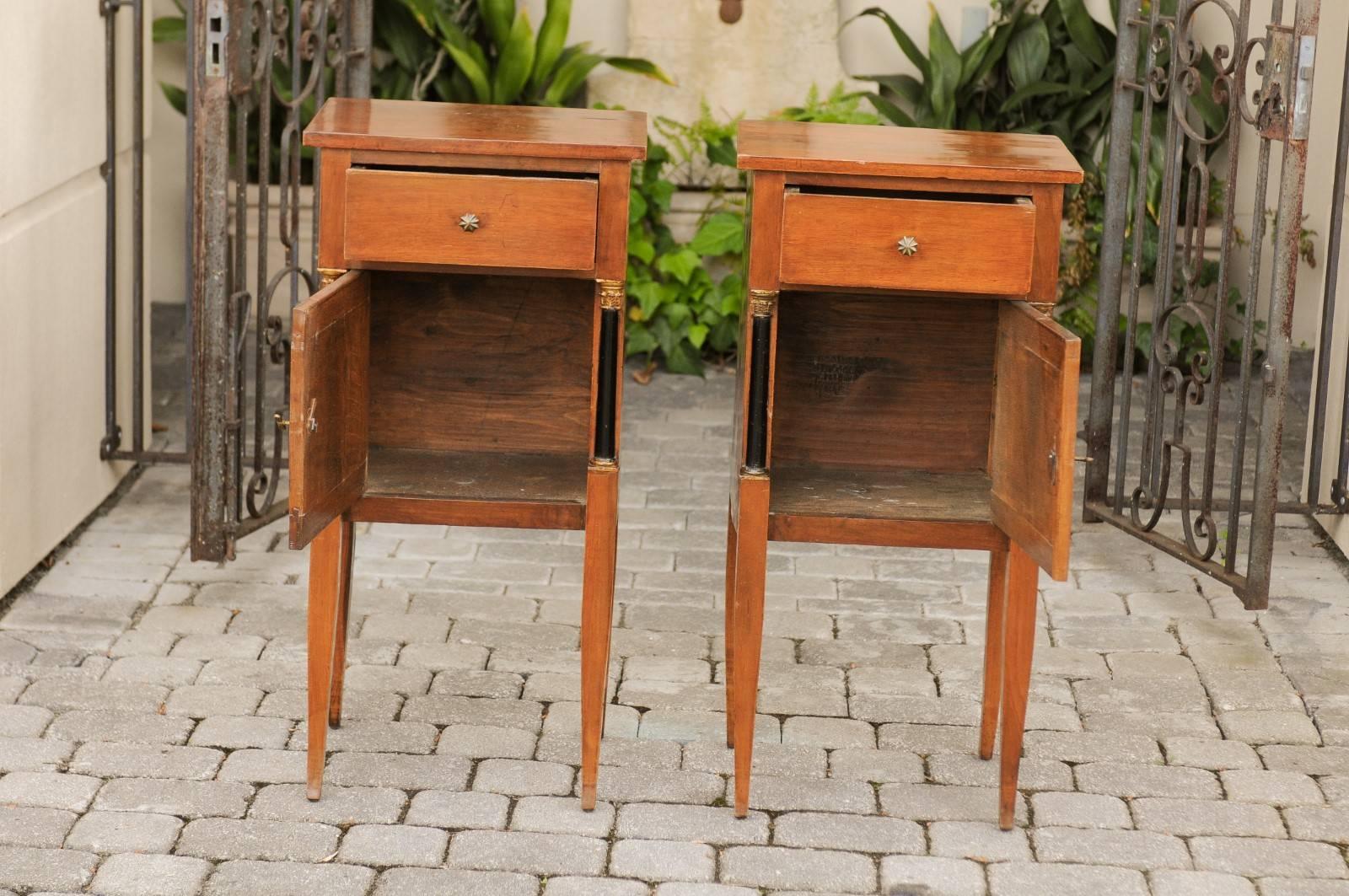 Pair of 1840s Biedermeier Walnut Stands with Drawer, Door and Semi-Columns For Sale 5