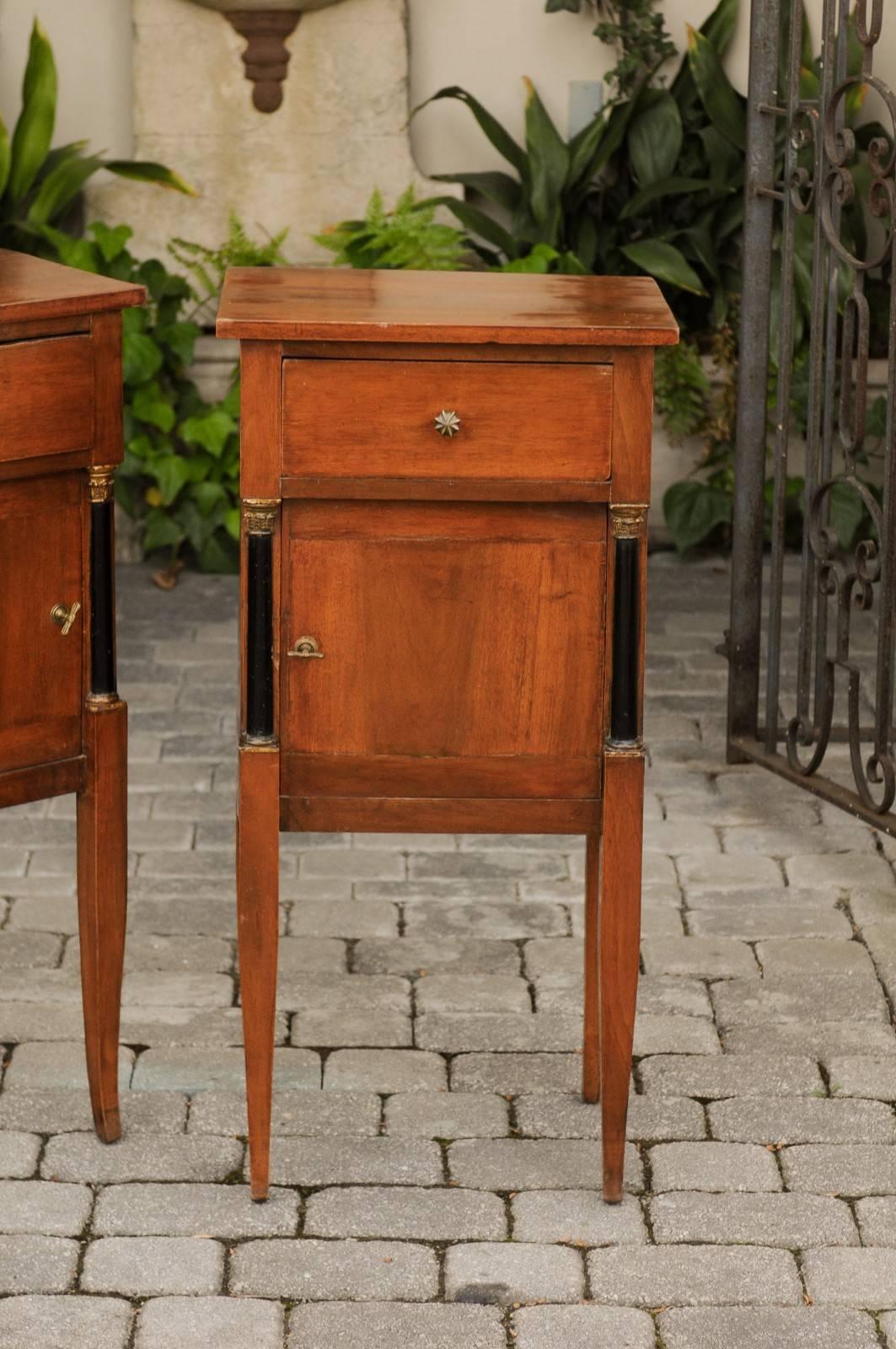 Ebonized Pair of 1840s Biedermeier Walnut Stands with Drawer, Door and Semi-Columns For Sale