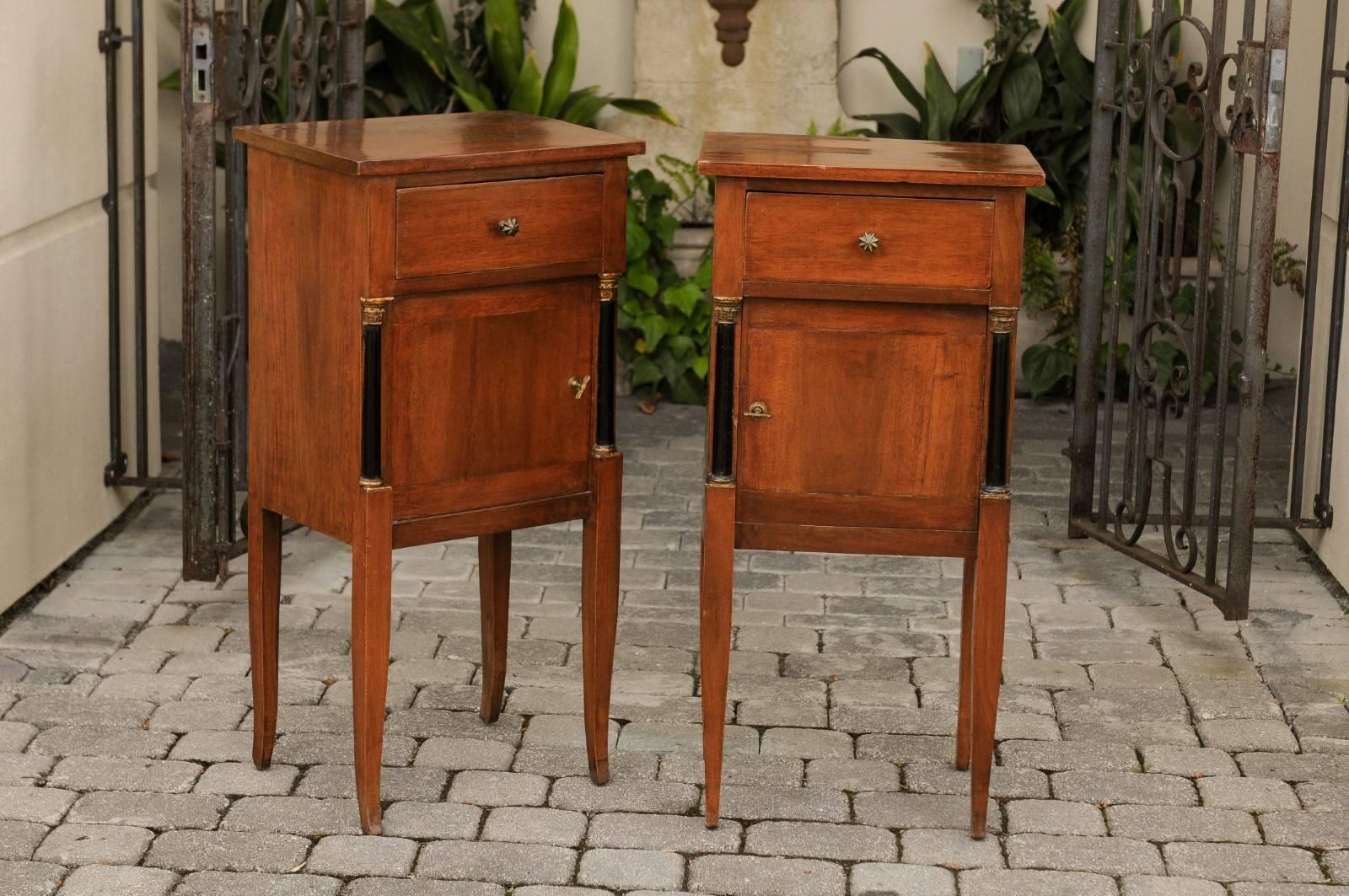 Pair of 1840s Biedermeier Walnut Stands with Drawer, Door and Semi-Columns In Good Condition For Sale In Atlanta, GA