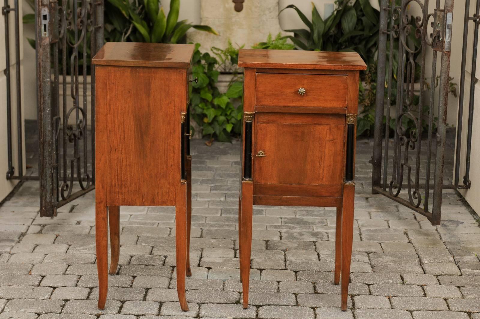 Pair of 1840s Biedermeier Walnut Stands with Drawer, Door and Semi-Columns For Sale 1