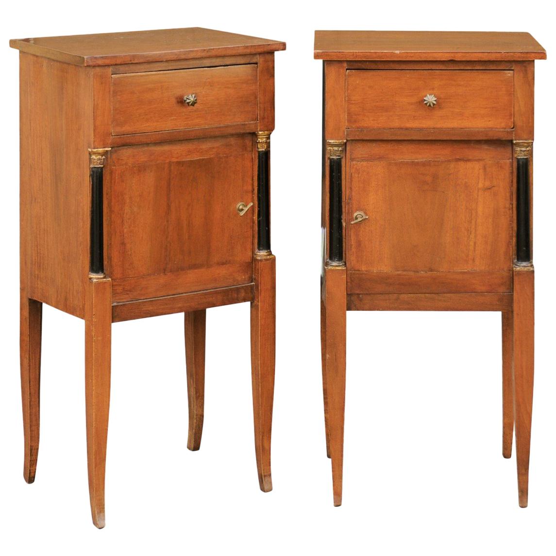 Pair of 1840s Biedermeier Walnut Stands with Drawer, Door and Semi-Columns