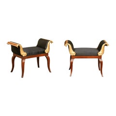Pair of 1840s Biedermeier Wooden Benches with Gilt Dolphins and Black Upholstery
