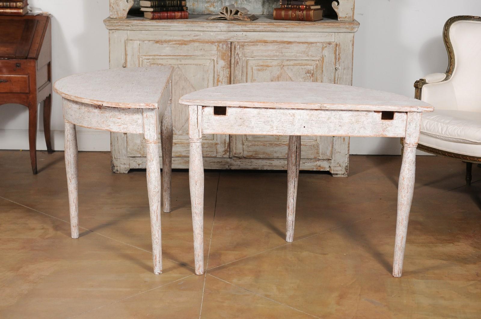 Pair of 1840s Swedish Painted Wood Demilune Tables with Distressed Finish 5