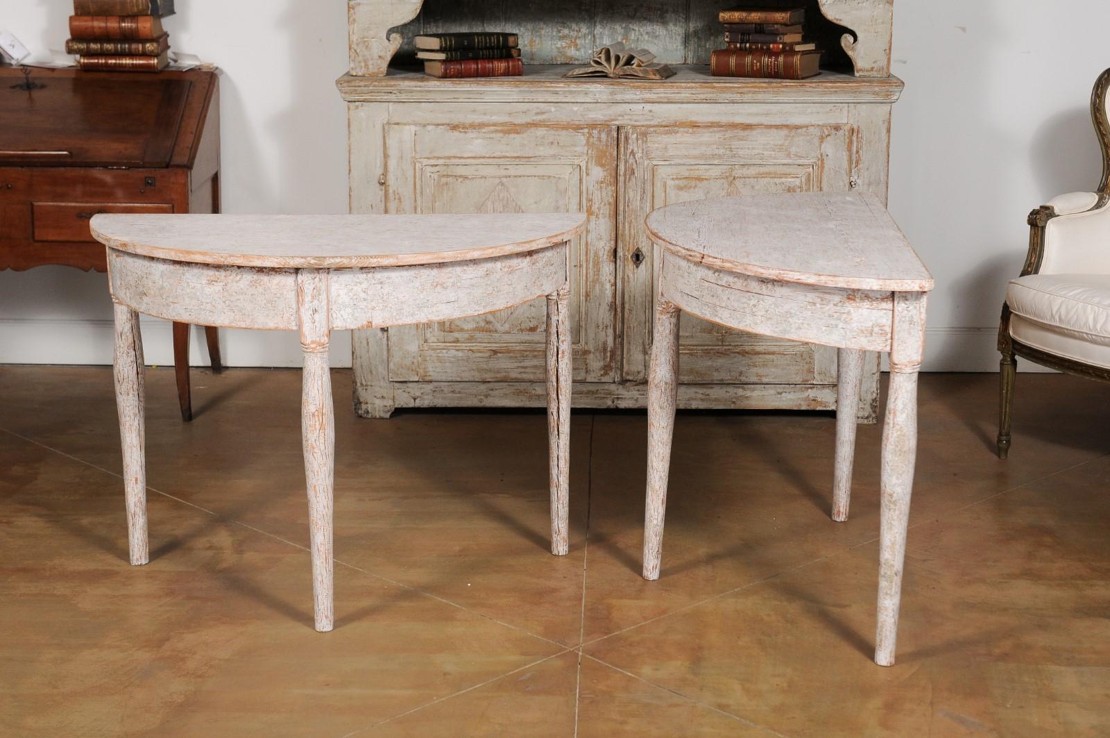 Pair of 1840s Swedish Painted Wood Demilune Tables with Distressed Finish 6