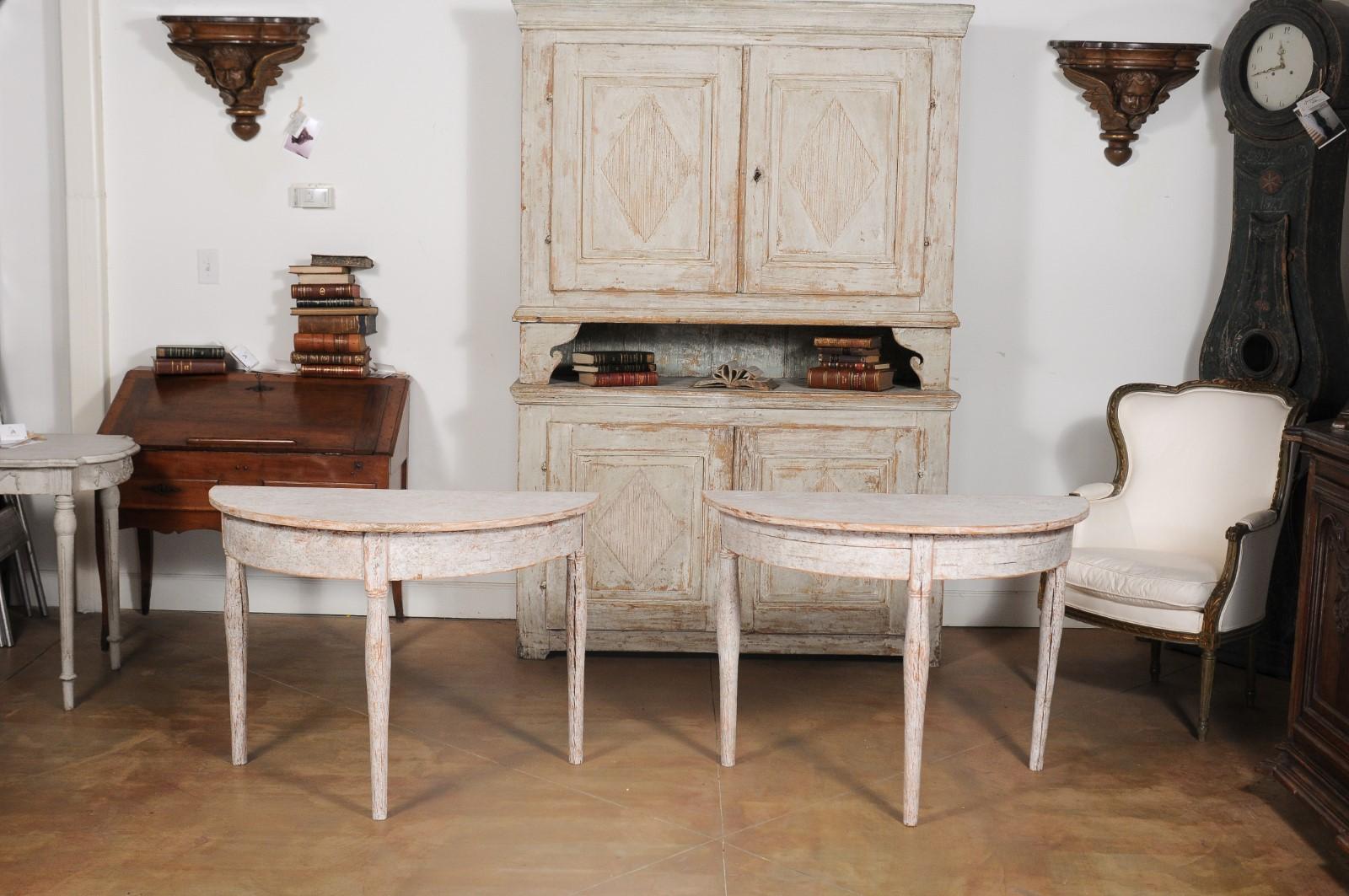 Pair of 1840s Swedish Painted Wood Demilune Tables with Distressed Finish 7