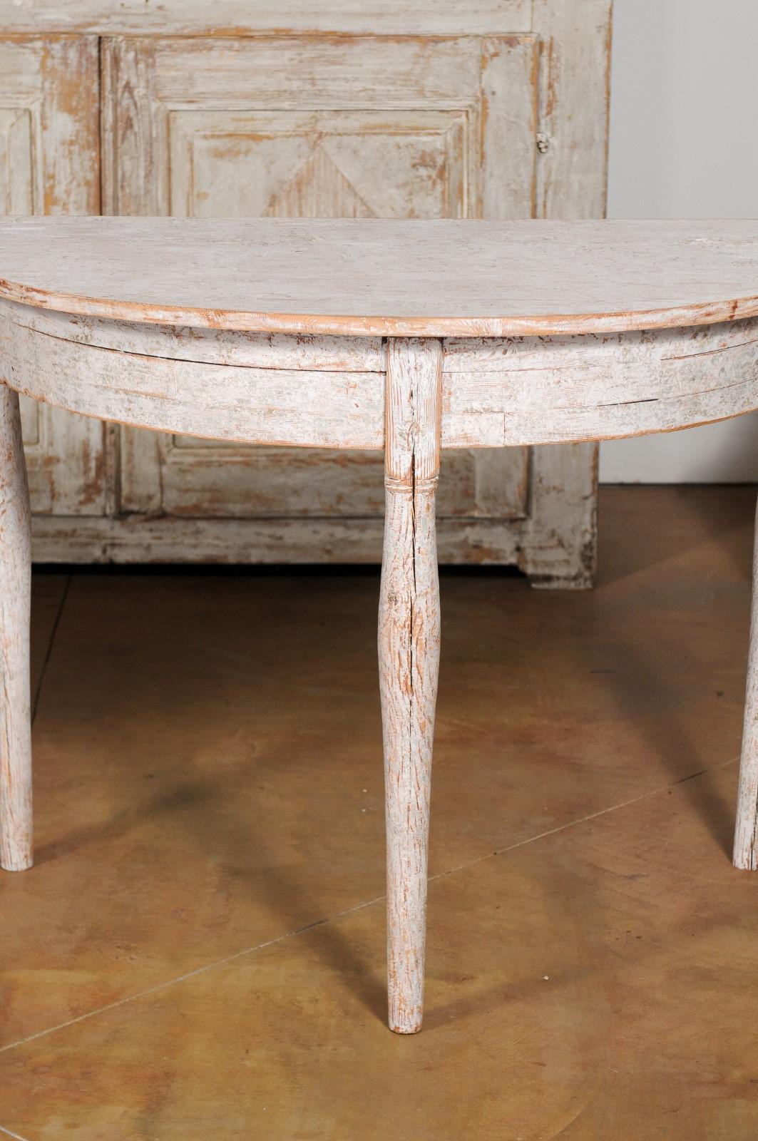 Pair of 1840s Swedish Painted Wood Demilune Tables with Distressed Finish 8