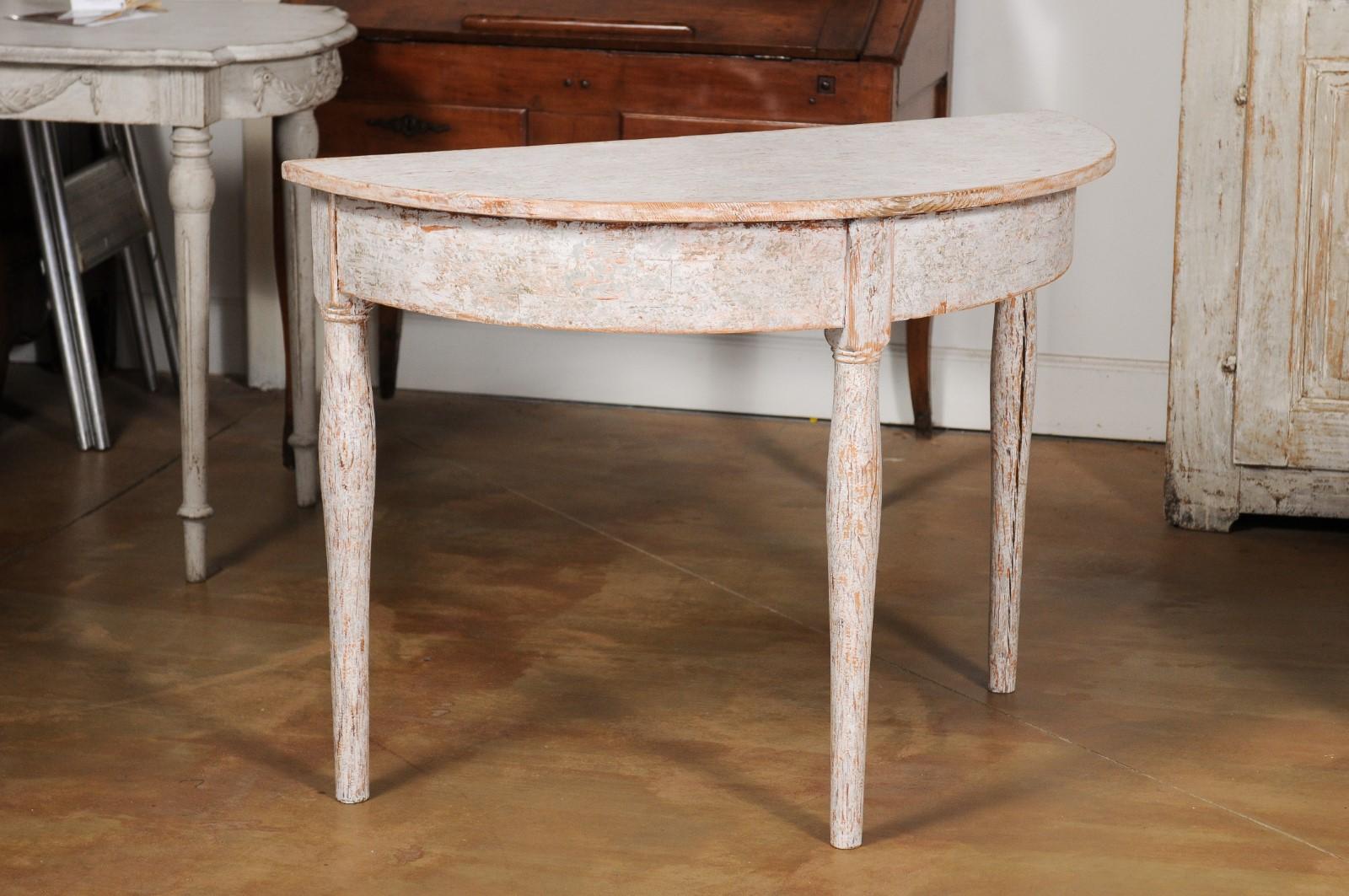 Pair of 1840s Swedish Painted Wood Demilune Tables with Distressed Finish In Good Condition In Atlanta, GA