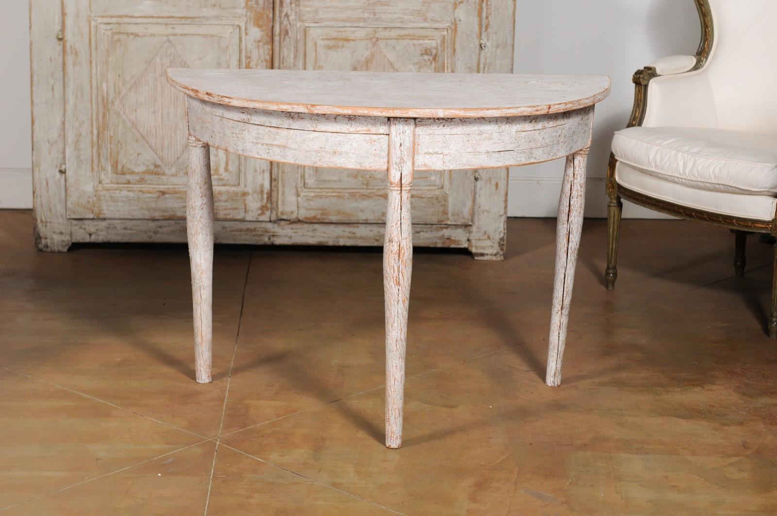 19th Century Pair of 1840s Swedish Painted Wood Demilune Tables with Distressed Finish