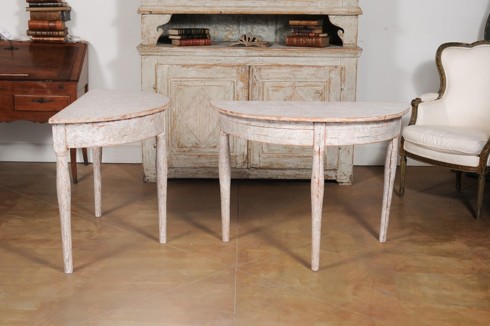 Pair of 1840s Swedish Painted Wood Demilune Tables with Distressed Finish 1