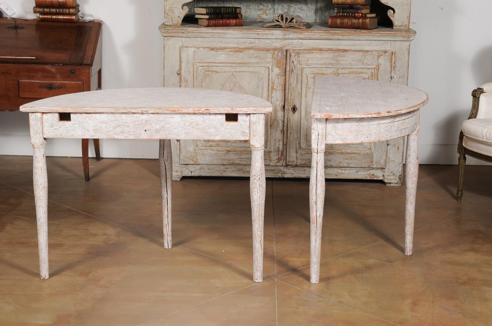 Pair of 1840s Swedish Painted Wood Demilune Tables with Distressed Finish 2