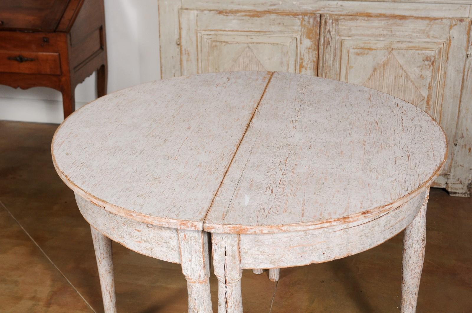 Pair of 1840s Swedish Painted Wood Demilune Tables with Distressed Finish 4