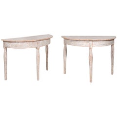 Pair of 1840s Swedish Painted Wood Demilune Tables with Distressed Finish