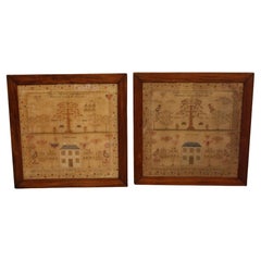 Pareja de bordados ingleses enmarcados de 1845 de las hermanas Baudain