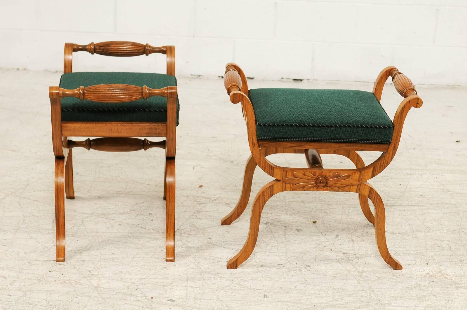 Pair of 1850s Austrian Biedermeier X-Form Stools with Green Upholstered Seats In Good Condition In Atlanta, GA
