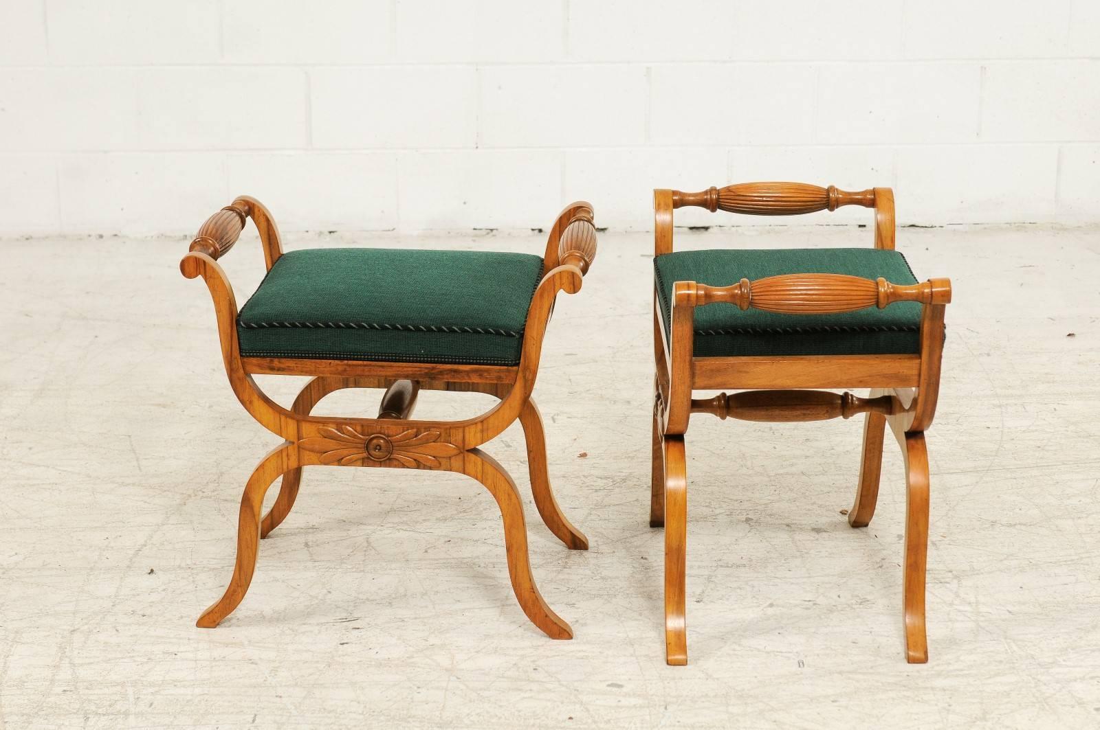 19th Century Pair of 1850s Austrian Biedermeier X-Form Stools with Green Upholstered Seats