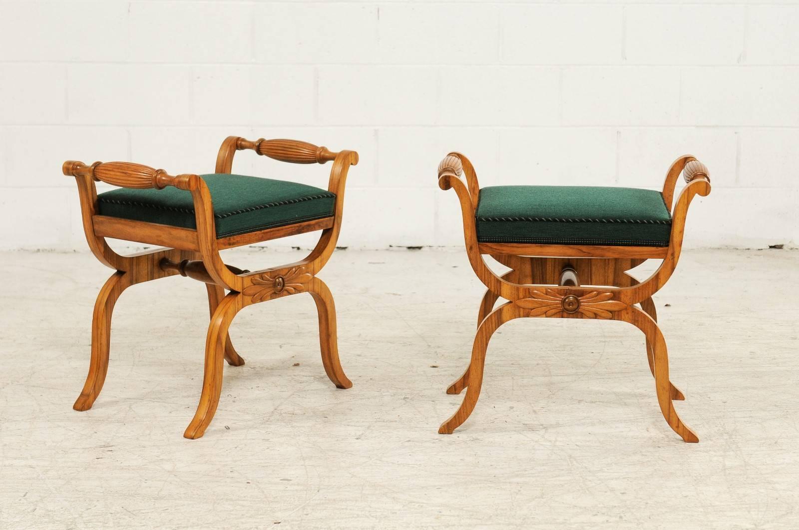 Upholstery Pair of 1850s Austrian Biedermeier X-Form Stools with Green Upholstered Seats