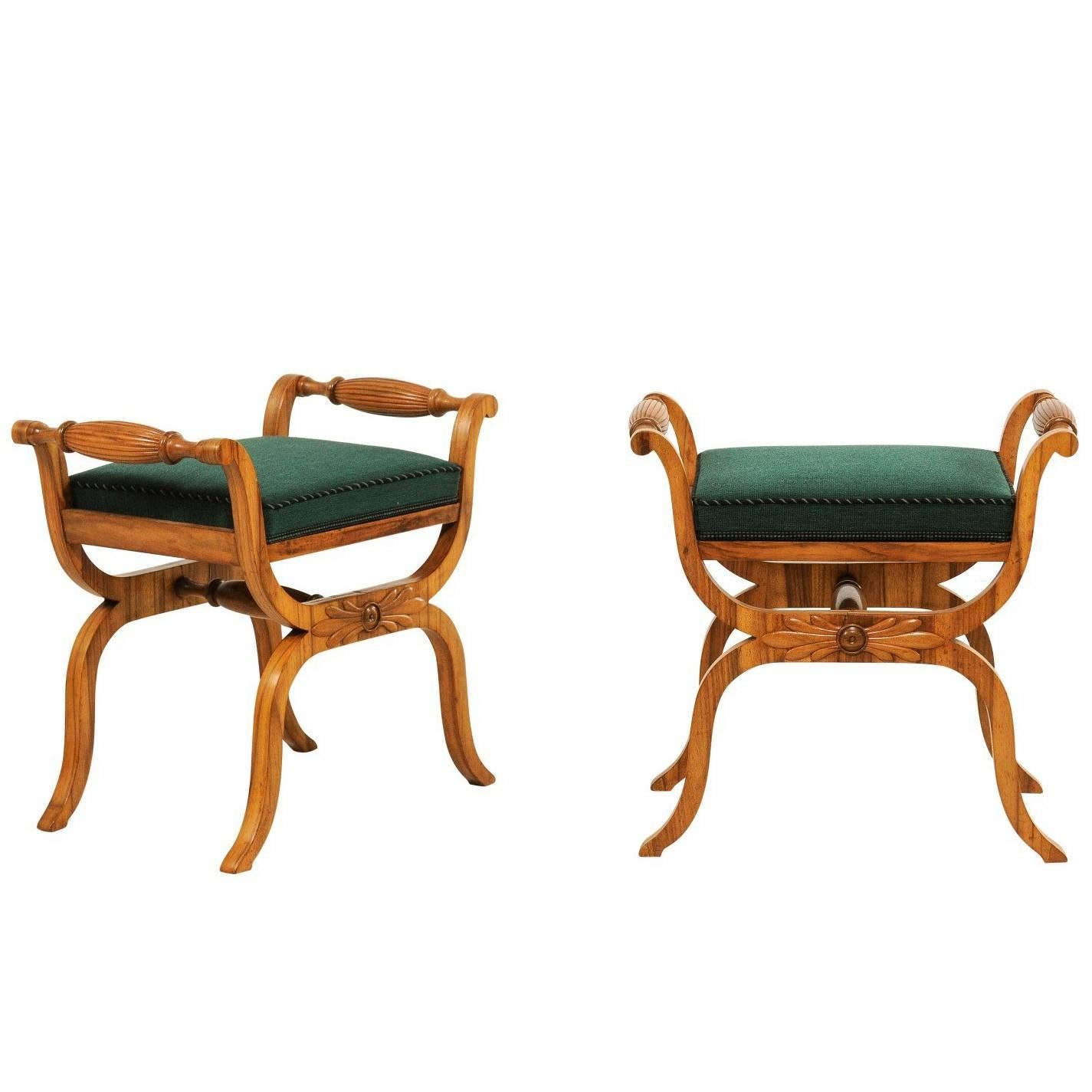 Pair of 1850s Austrian Biedermeier X-Form Stools with Green Upholstered Seats