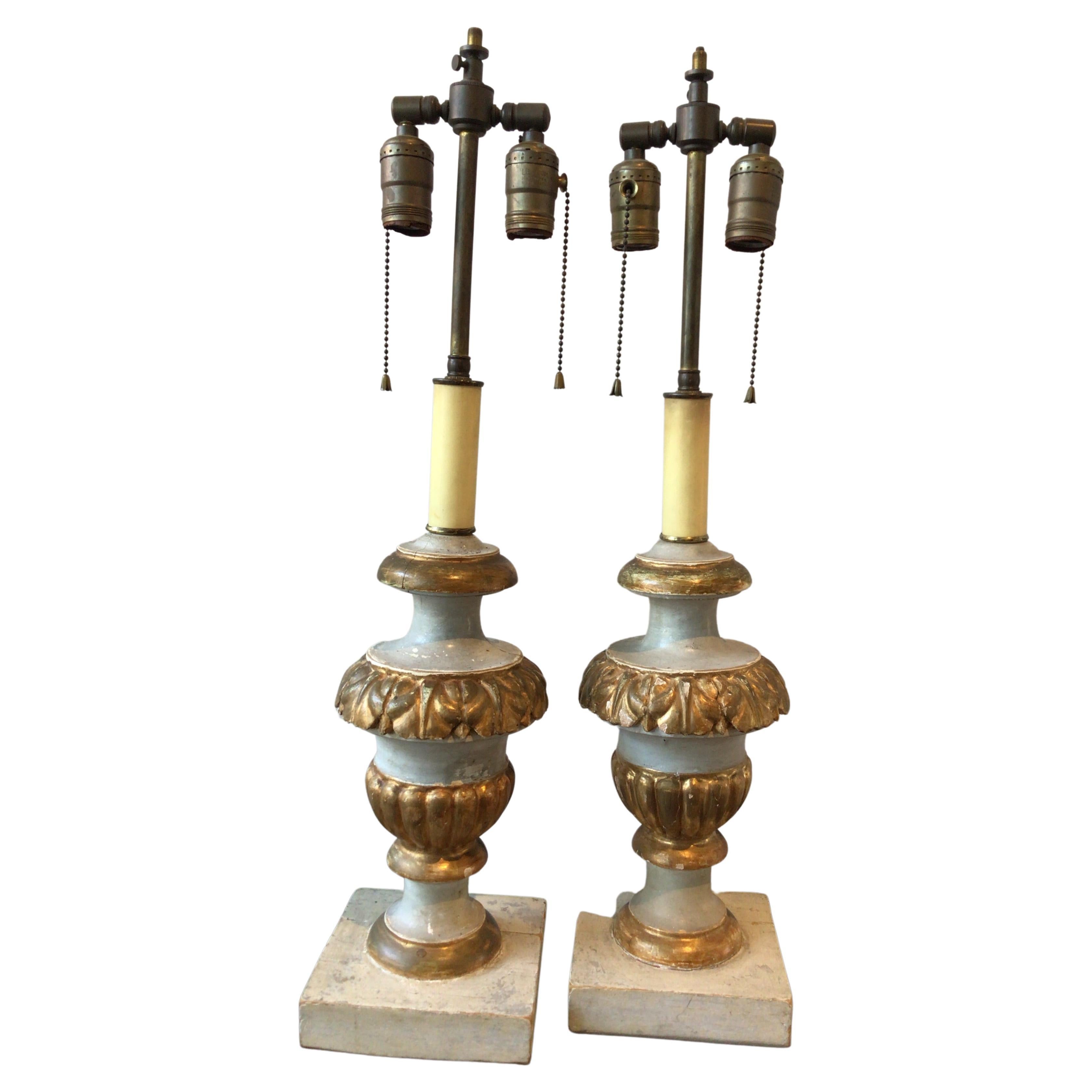 Pair of 1850s Italian Gilt Wood Lamps  For Sale