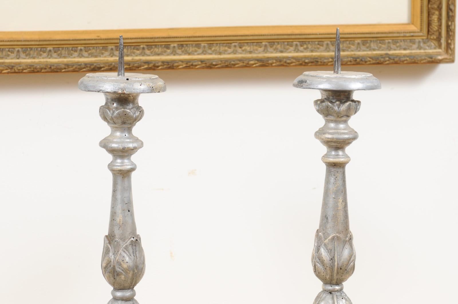 19th Century Pair of 1850s Italian Silver Gilt Candlesticks with Carved Waterleaves For Sale