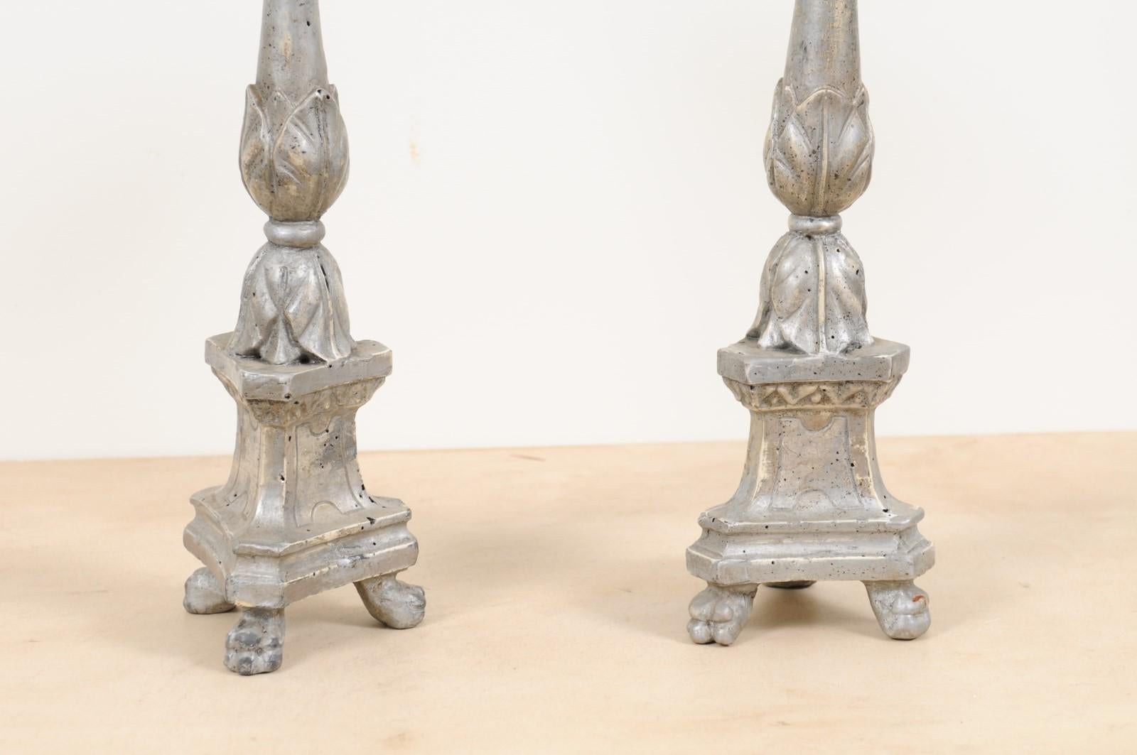 Wood Pair of 1850s Italian Silver Gilt Candlesticks with Carved Waterleaves For Sale
