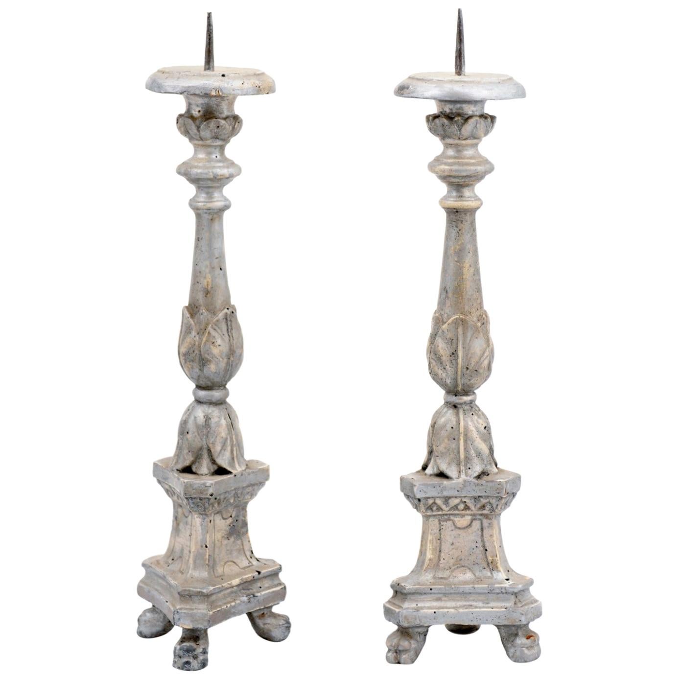 Pair of 1850s Italian Silver Gilt Candlesticks with Carved Waterleaves For Sale