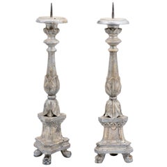 Pair of 1850s Italian Silver Gilt Candlesticks with Carved Waterleaves