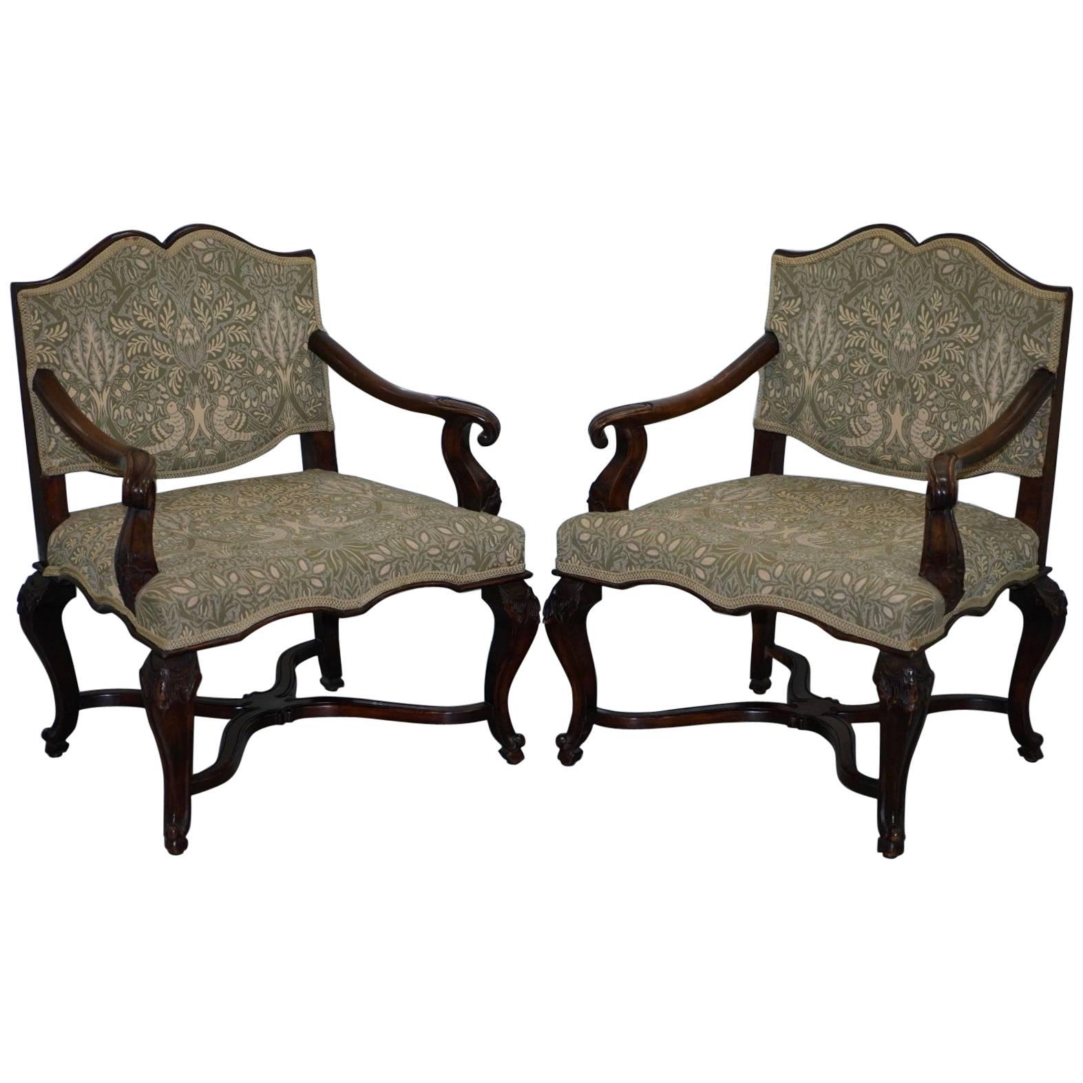 Pair of 1860 Northern Italian Walnut Armchairs William Morris Liberty's Fabric