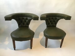 Pair of 1870s English Cock Fighting Chairs in Green Leather