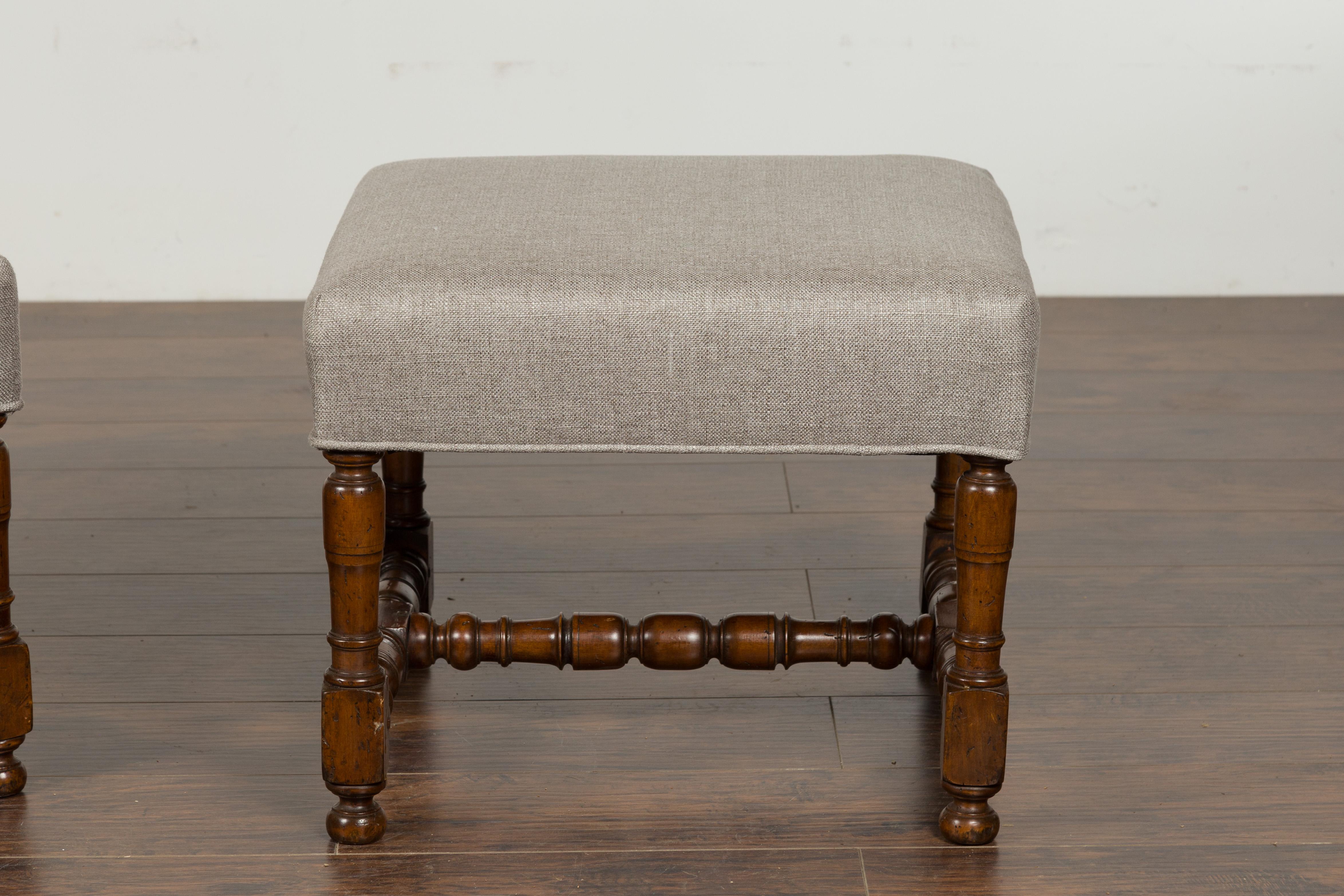 Pair of 1870s English Walnut Stools with Turned Legs and New Upholstery In Good Condition In Atlanta, GA