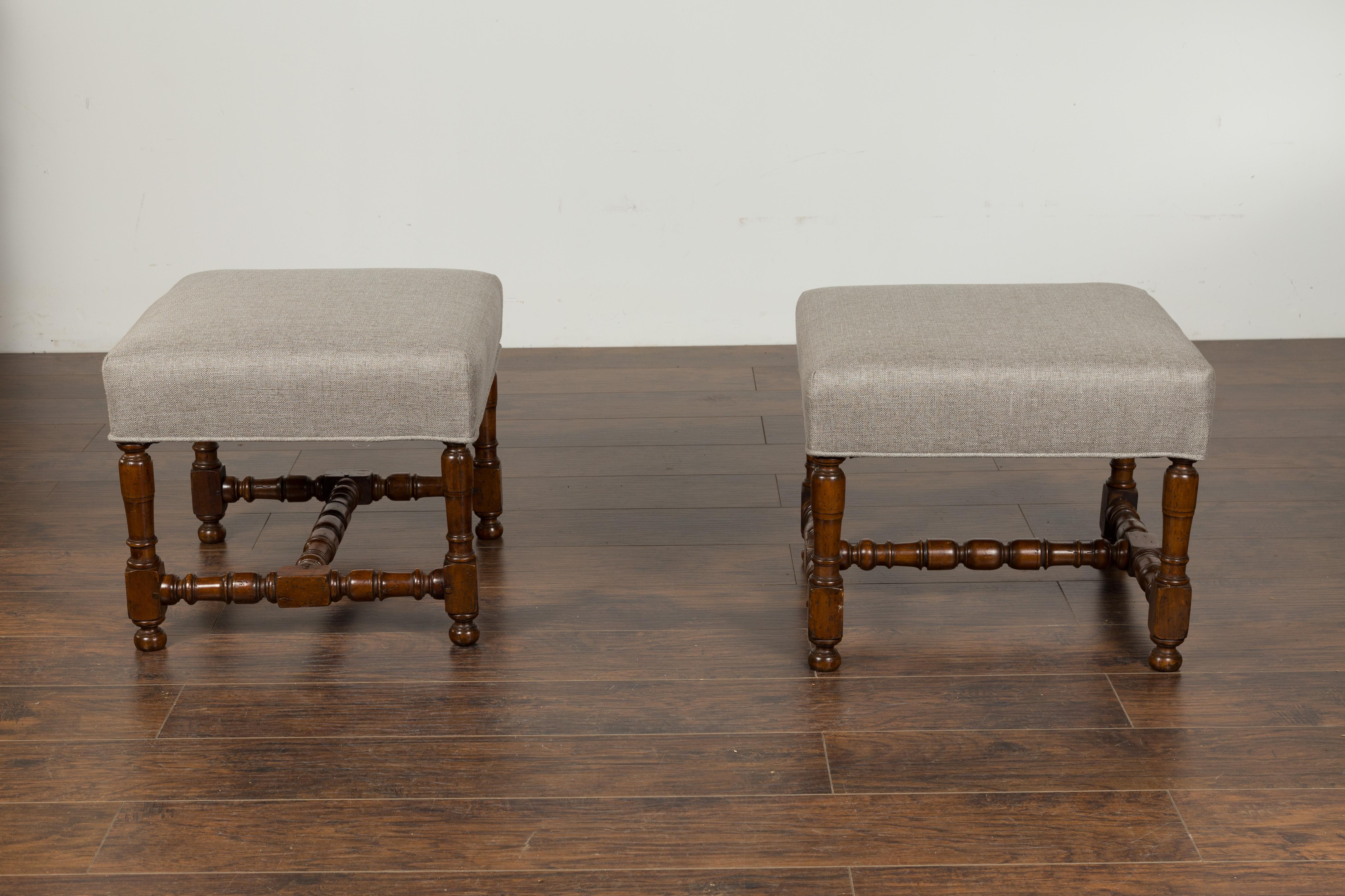 Pair of 1870s English Walnut Stools with Turned Legs and New Upholstery 3