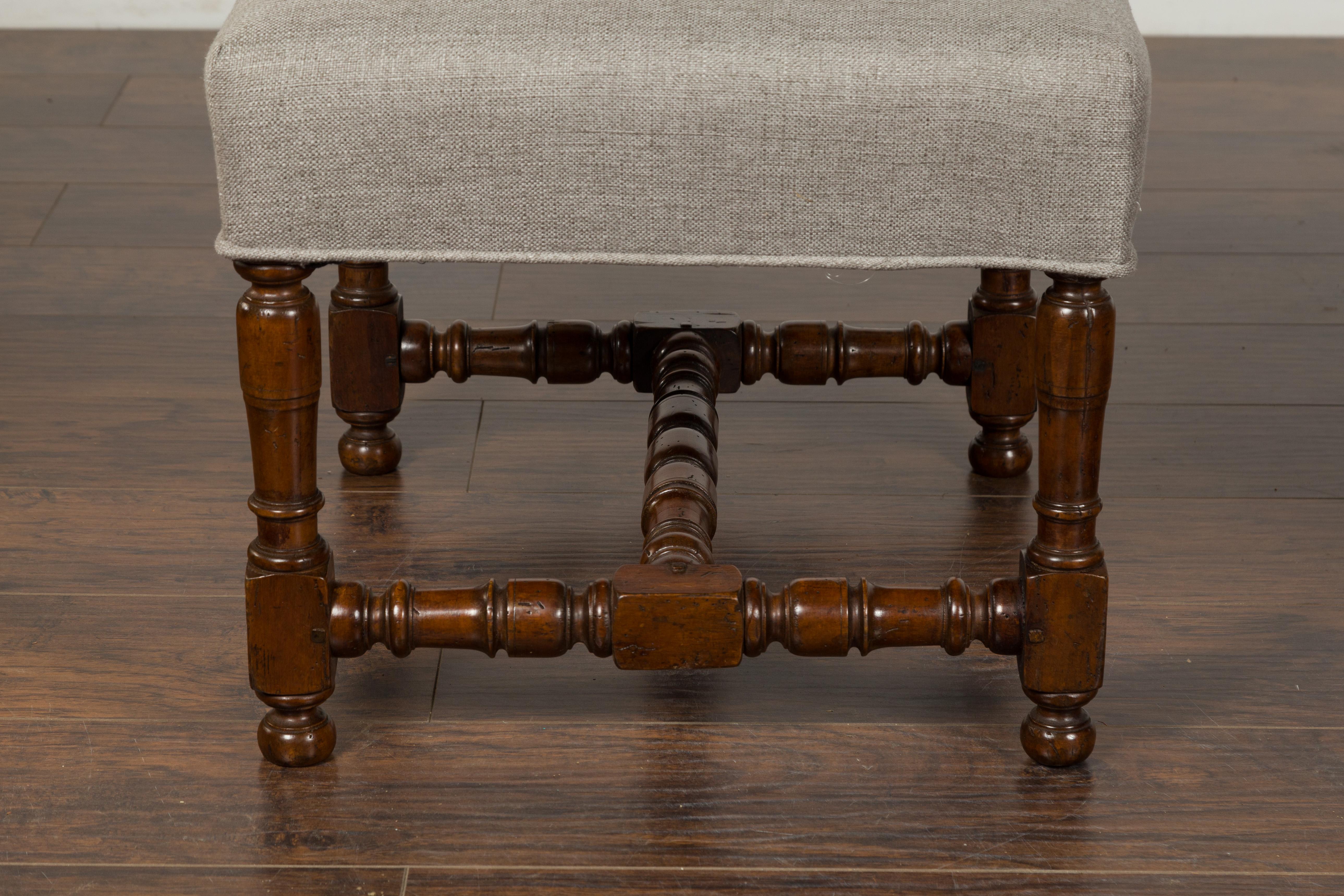 Pair of 1870s English Walnut Stools with Turned Legs and New Upholstery 4