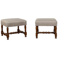Pair of 1870s English Walnut Stools with Turned Legs and New Upholstery