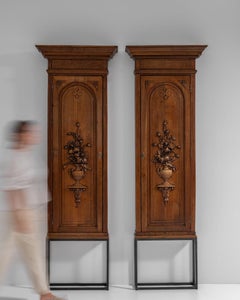 Pair of 1870s French Chestnut Brown Carved Oak Pillar Cabinets
