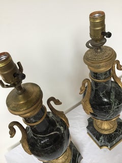 Pair of 1870s French Empire Green Marble and Bronze Lamps with Ormolu Swans