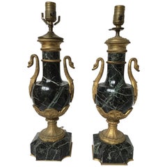 Antique Pair of 1870s French Empire Green Marble and Bronze Lamps with Ormolu Swans