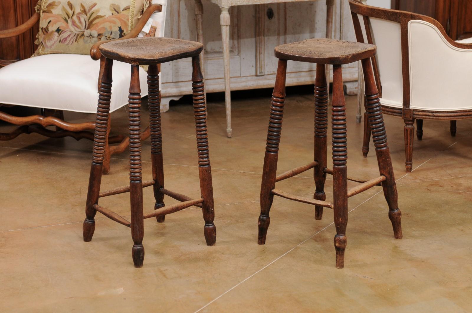 Pair of 1870s French Wooden Bar Stools with Spool Legs and Weathered Patina 2