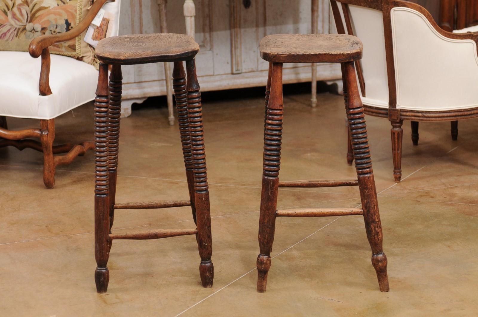 Pair of 1870s French Wooden Bar Stools with Spool Legs and Weathered Patina 1