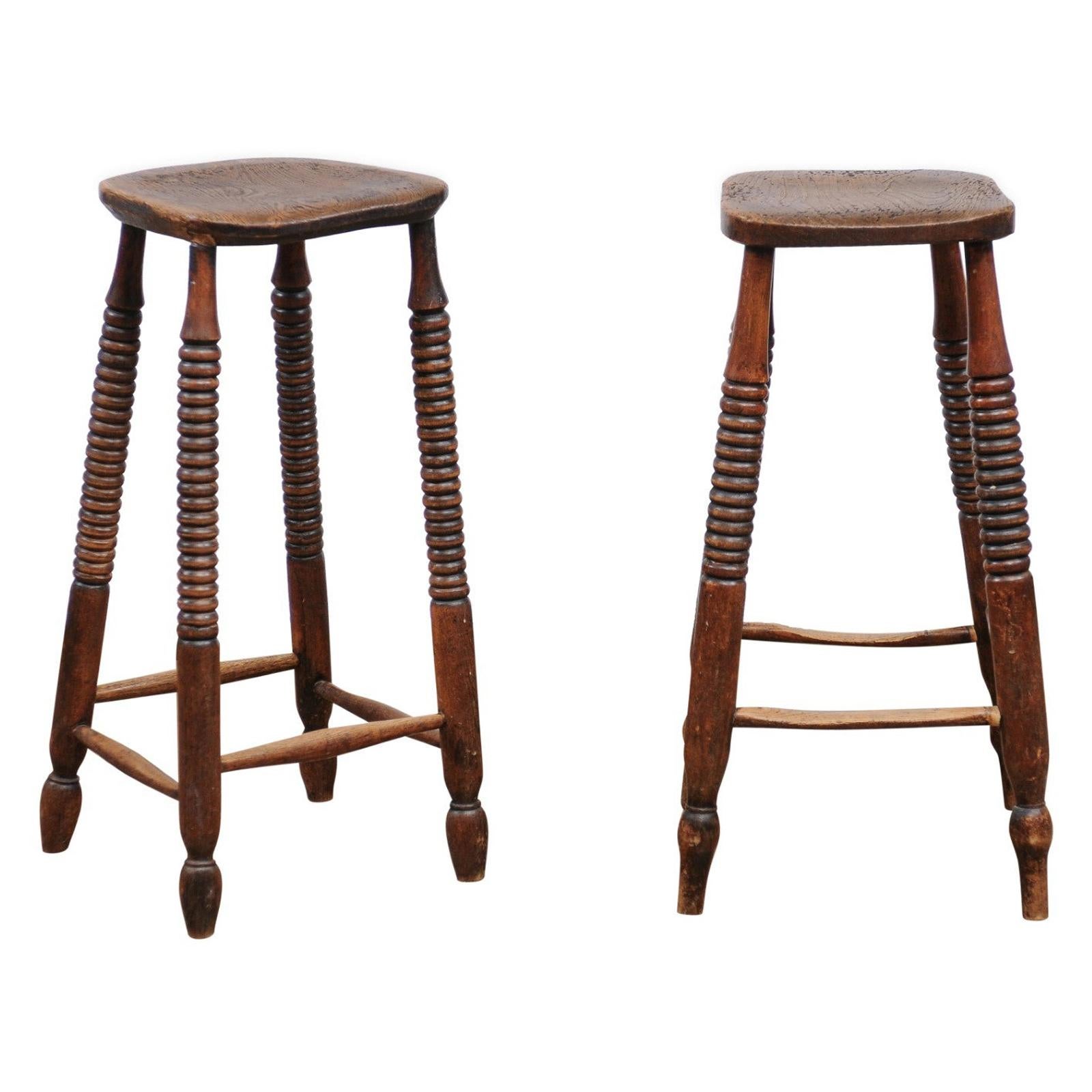 Pair of 1870s French Wooden Bar Stools with Spool Legs and Weathered Patina