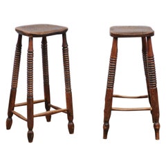 Antique Pair of 1870s French Wooden Bar Stools with Spool Legs and Weathered Patina