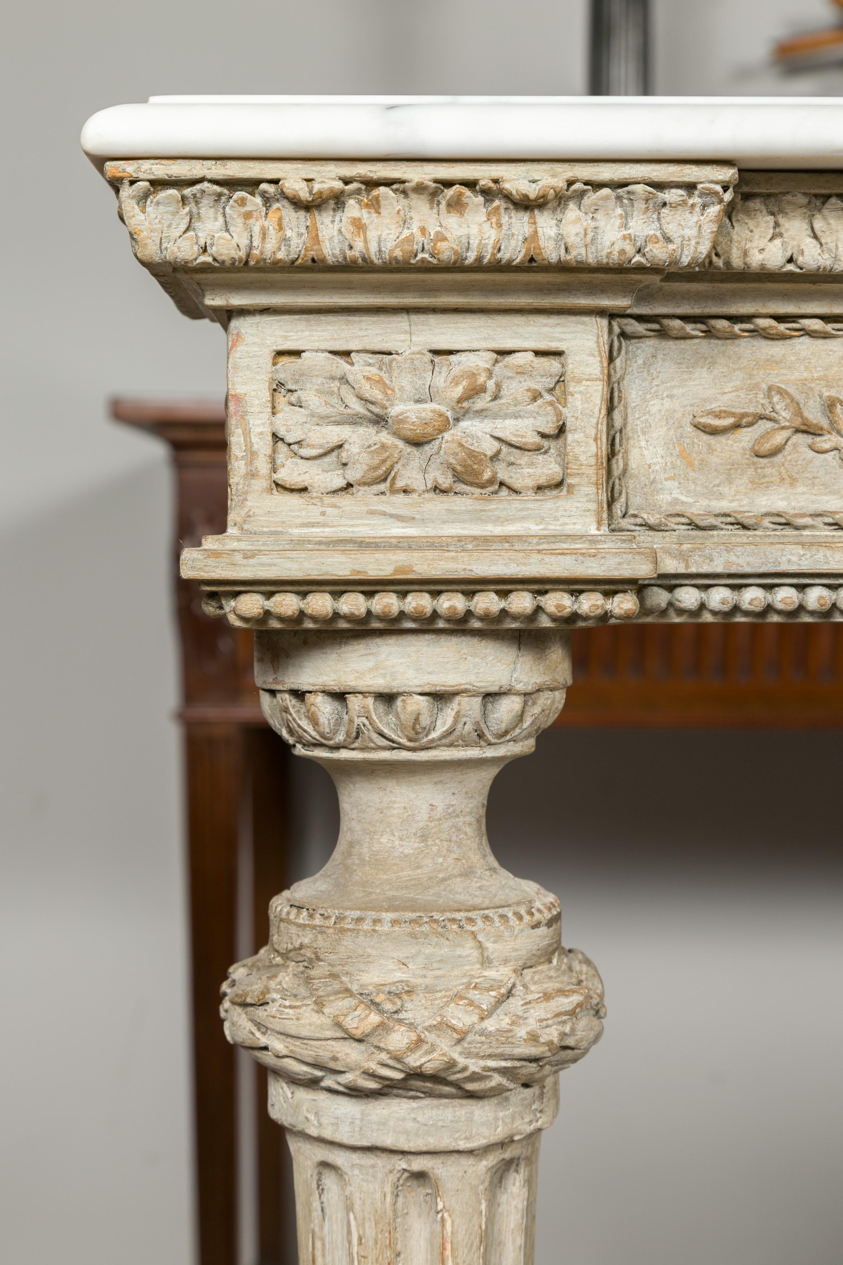 Pair of 1870s Napoleon III Painted and Carved Console Tables with Marble Tops 8