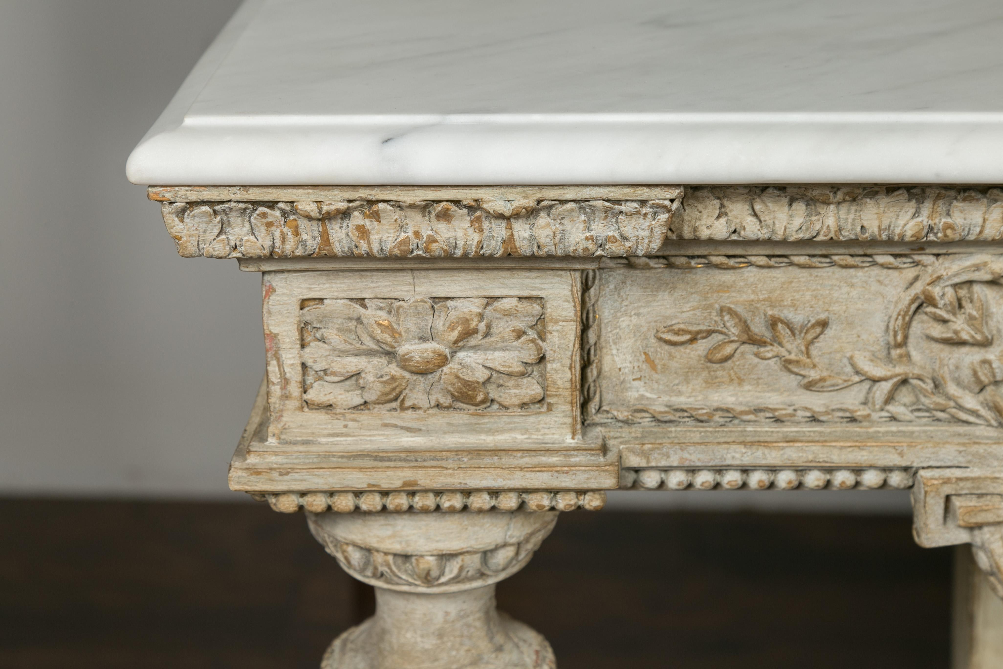 Pair of 1870s Napoleon III Painted and Carved Console Tables with Marble Tops 9