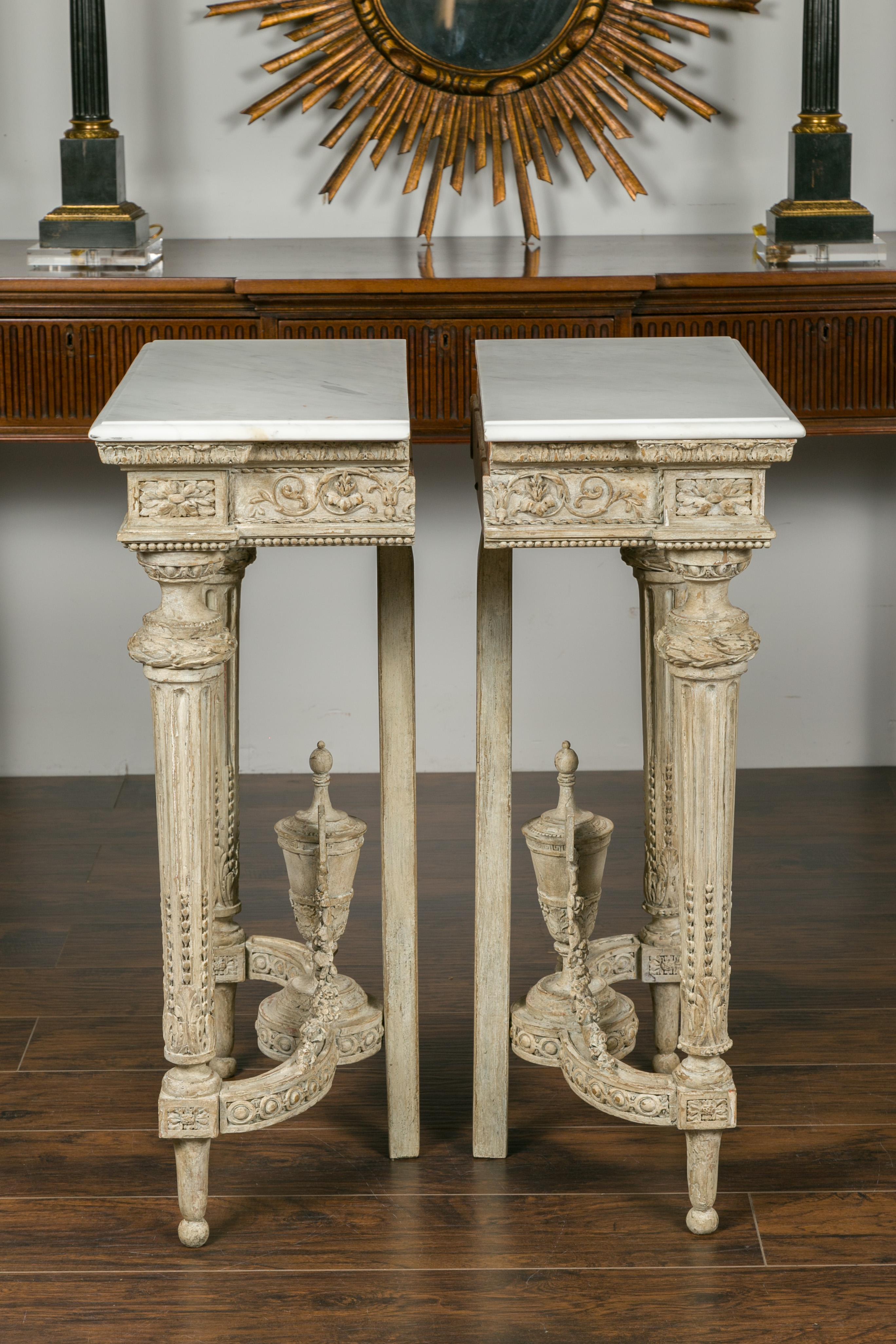 Pair of 1870s Napoleon III Painted and Carved Console Tables with Marble Tops 11