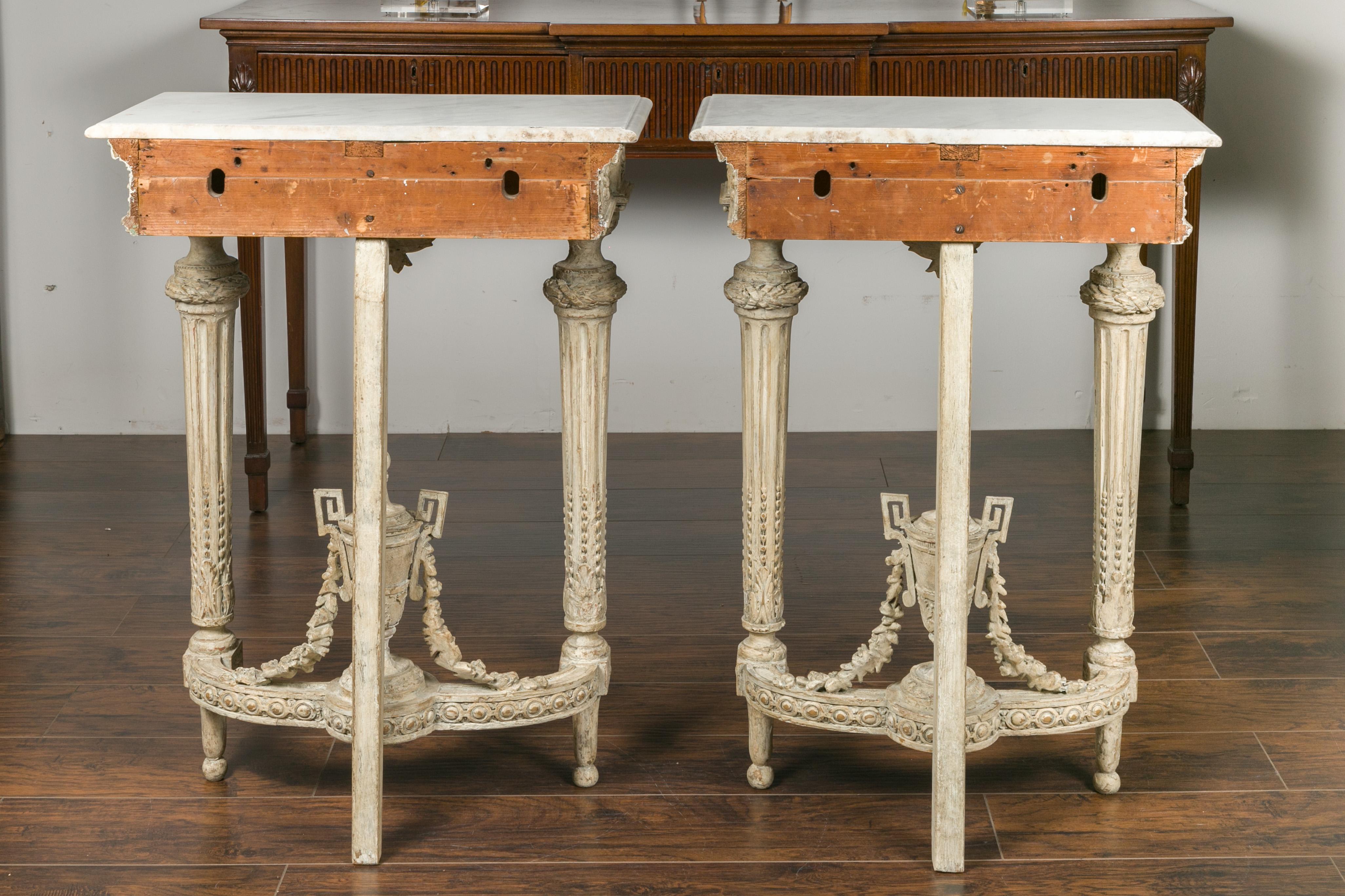 Pair of 1870s Napoleon III Painted and Carved Console Tables with Marble Tops 13