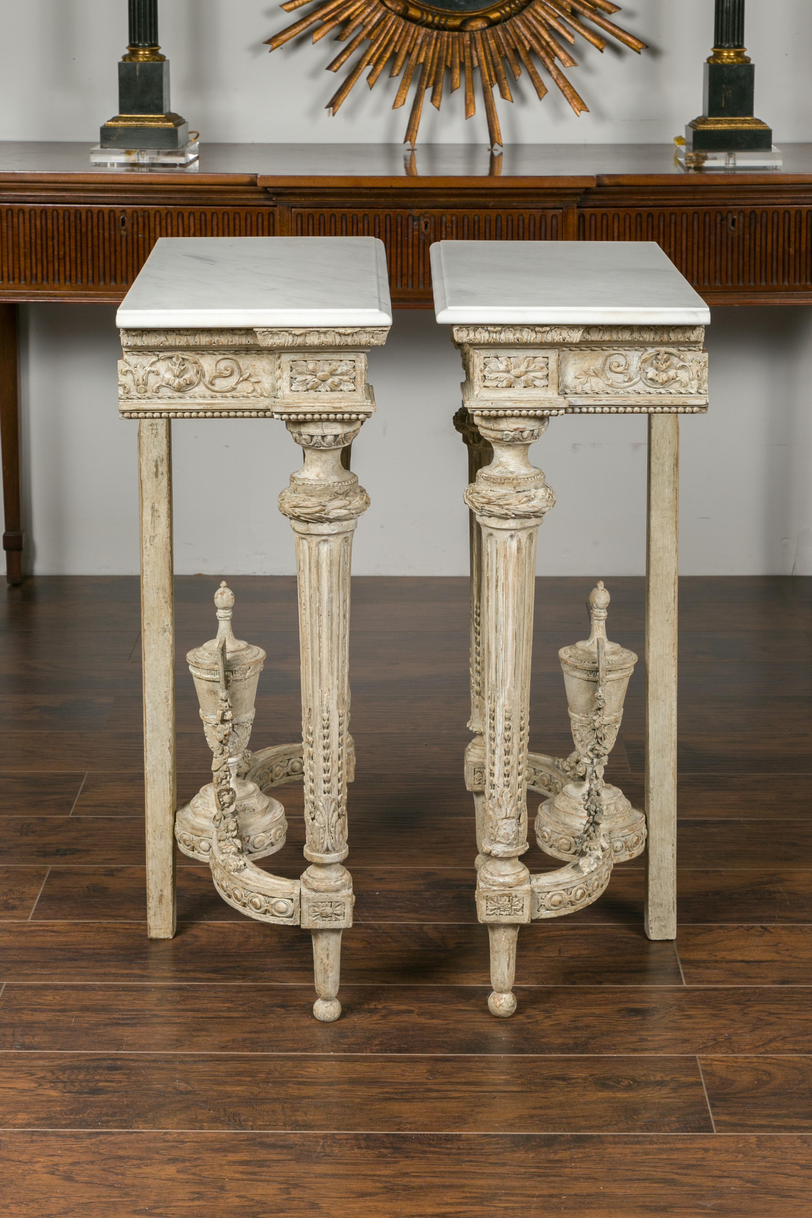 Pair of 1870s Napoleon III Painted and Carved Console Tables with Marble Tops 14