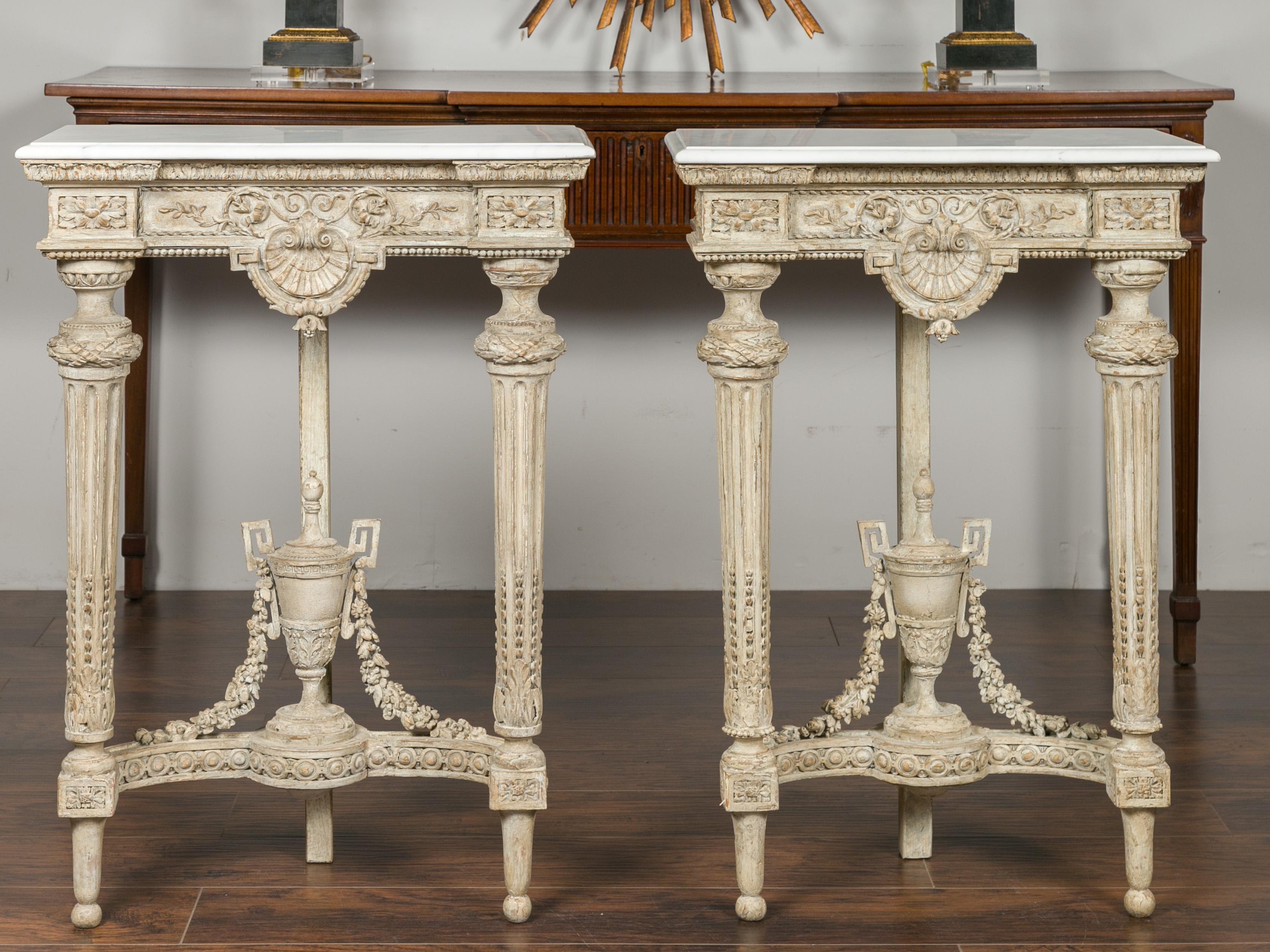 French Pair of 1870s Napoleon III Painted and Carved Console Tables with Marble Tops