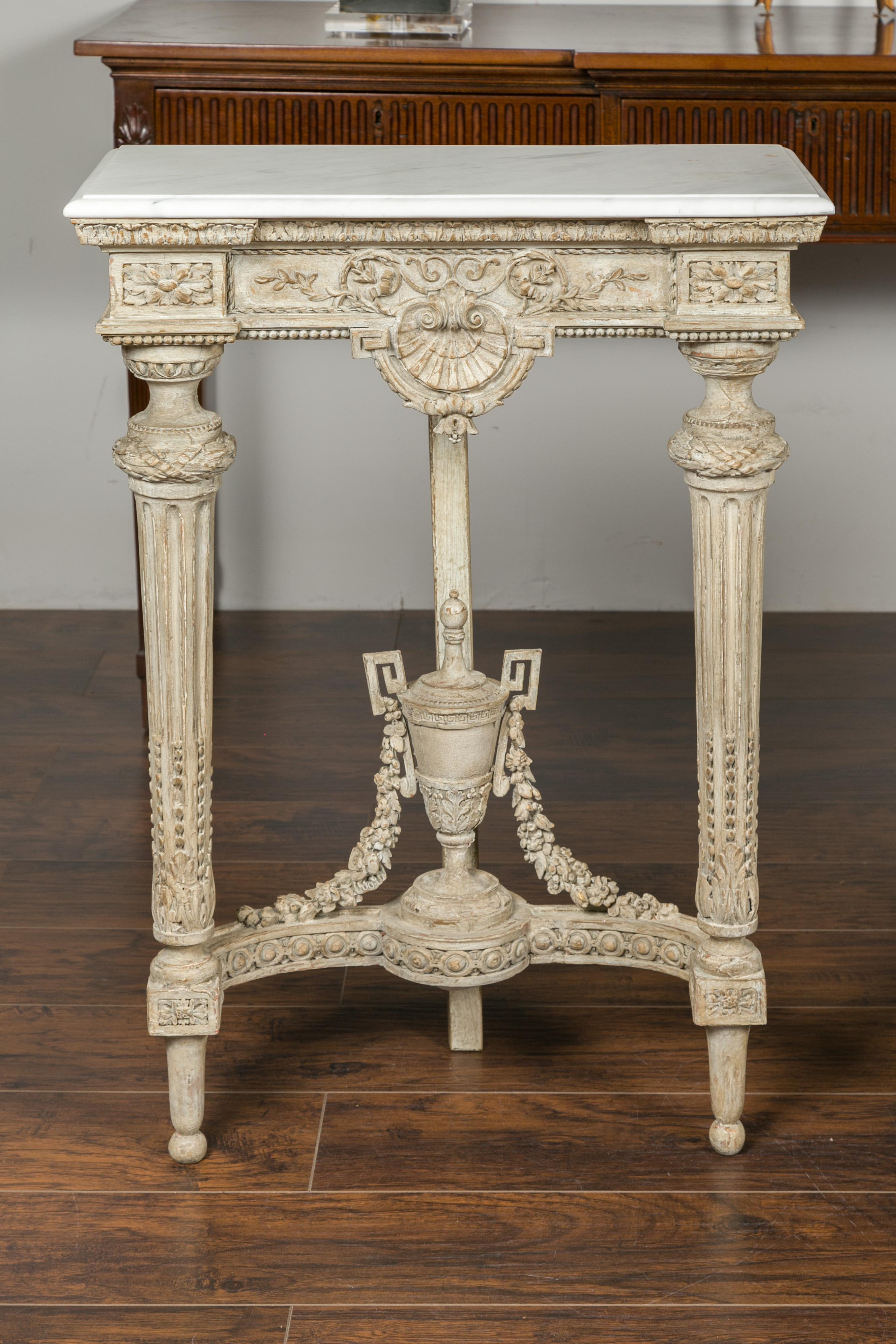 Pair of 1870s Napoleon III Painted and Carved Console Tables with Marble Tops In Good Condition In Atlanta, GA