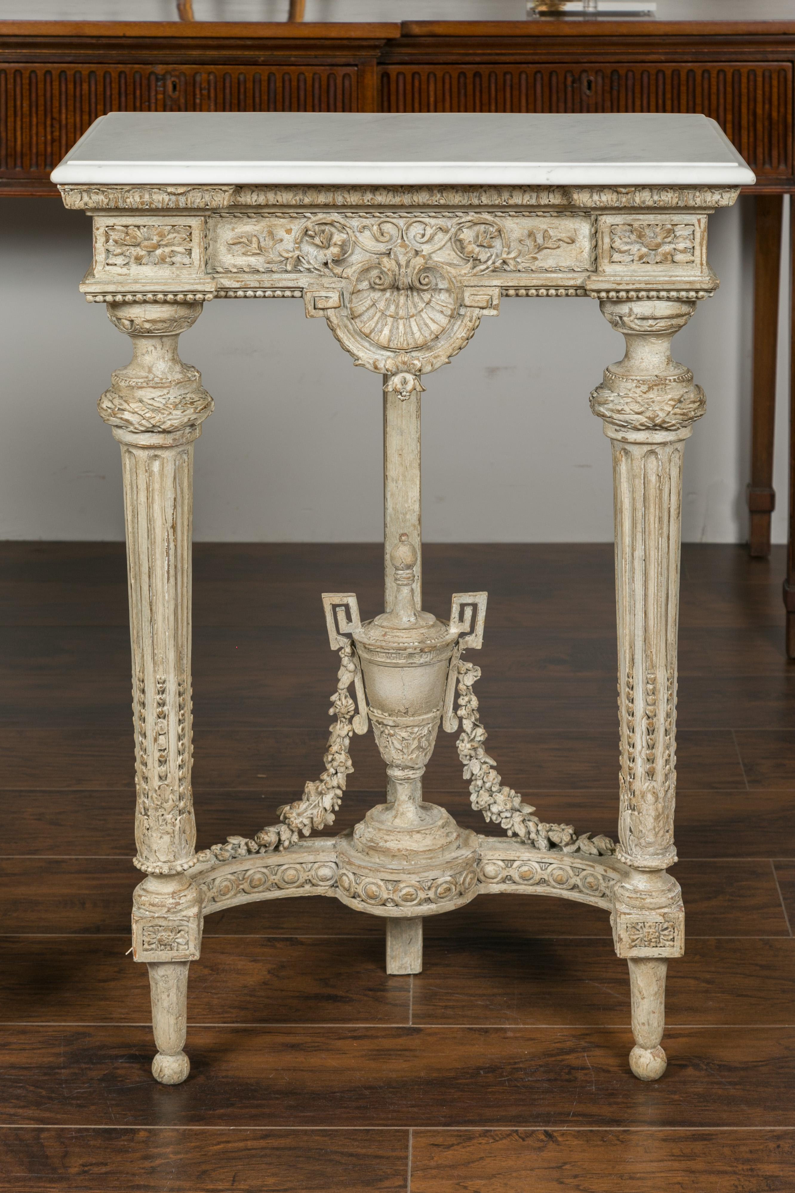19th Century Pair of 1870s Napoleon III Painted and Carved Console Tables with Marble Tops