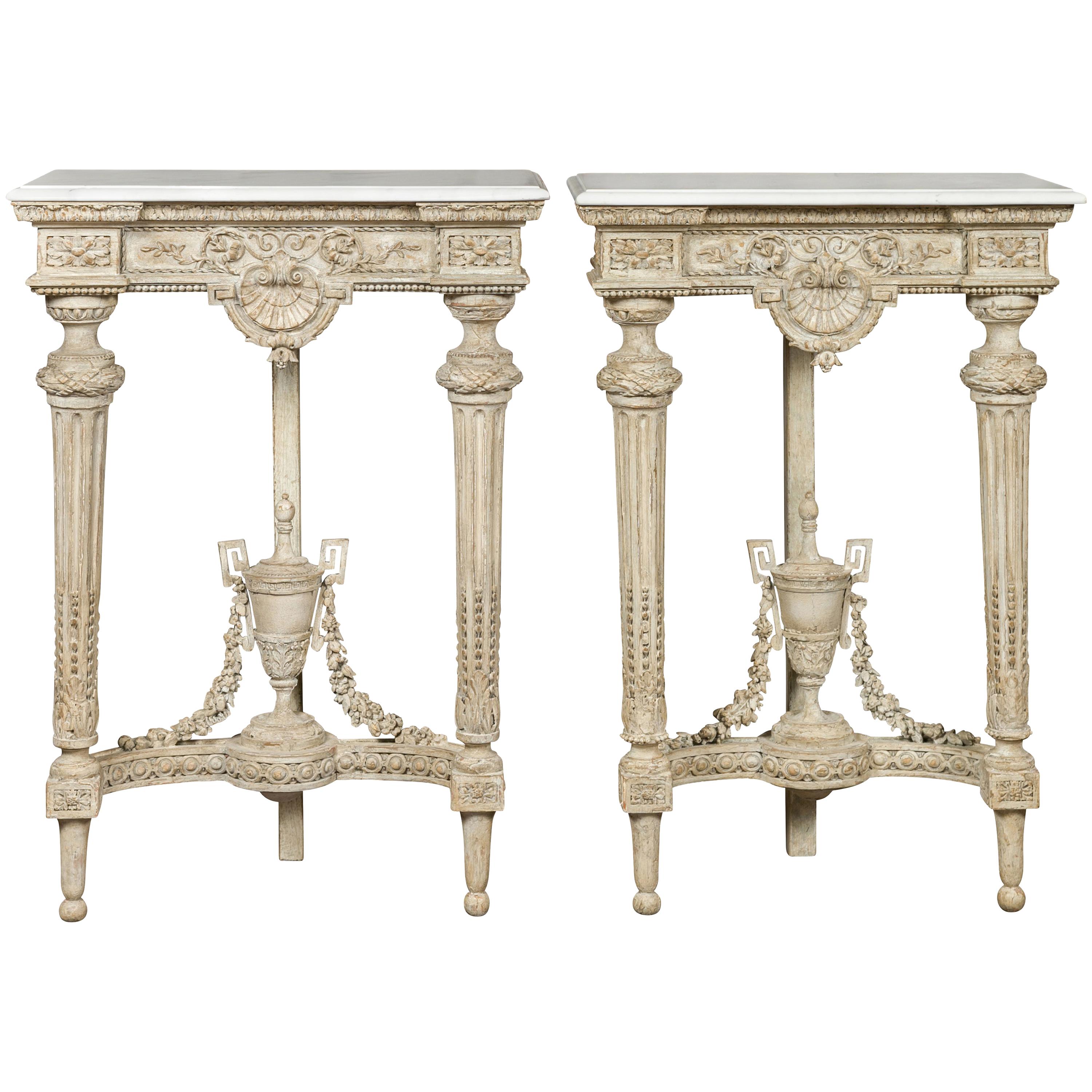 Pair of Narrow Painted Console Tables with Marble Tops at 1stDibs