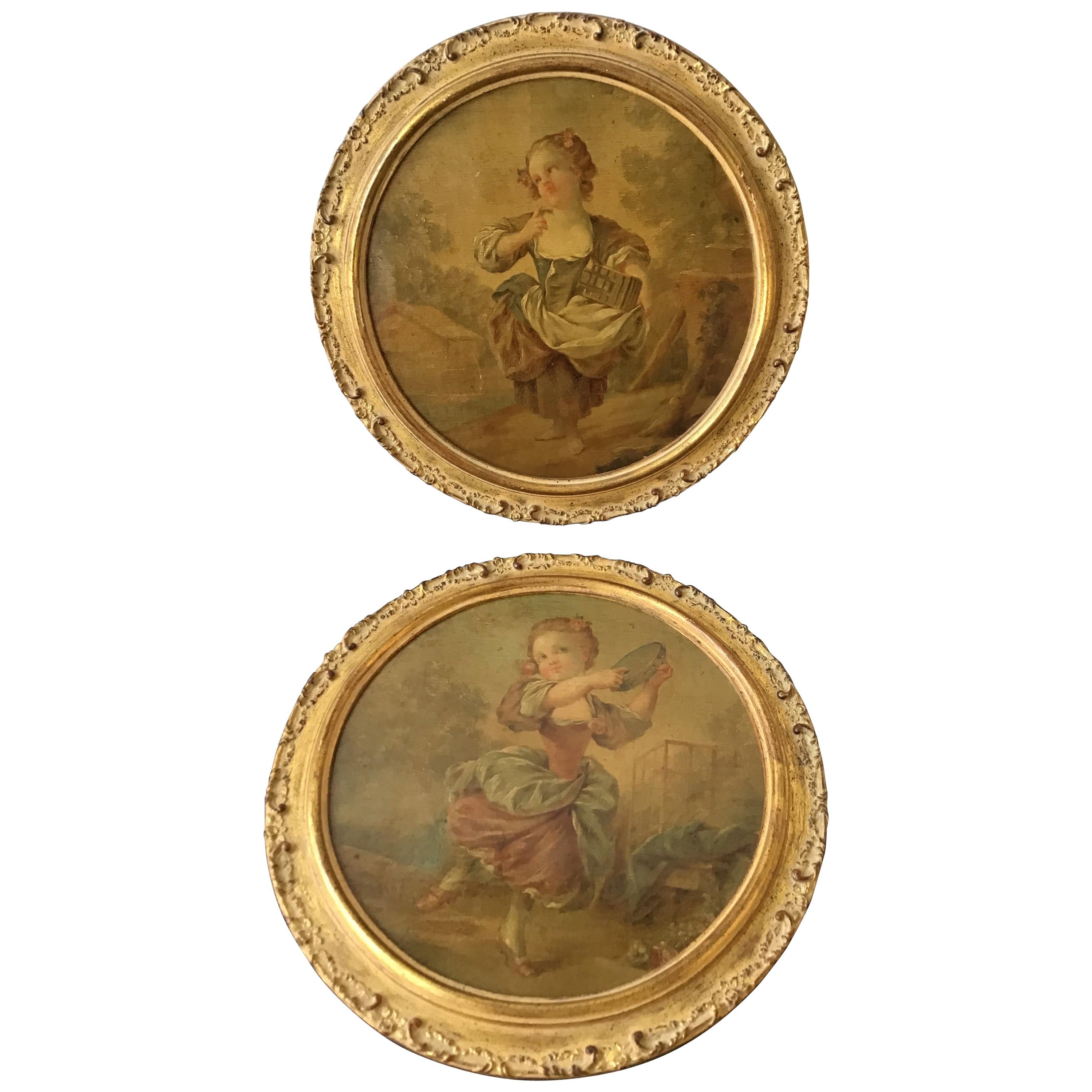 Pair of 1870s Oil Paintings of French Girls