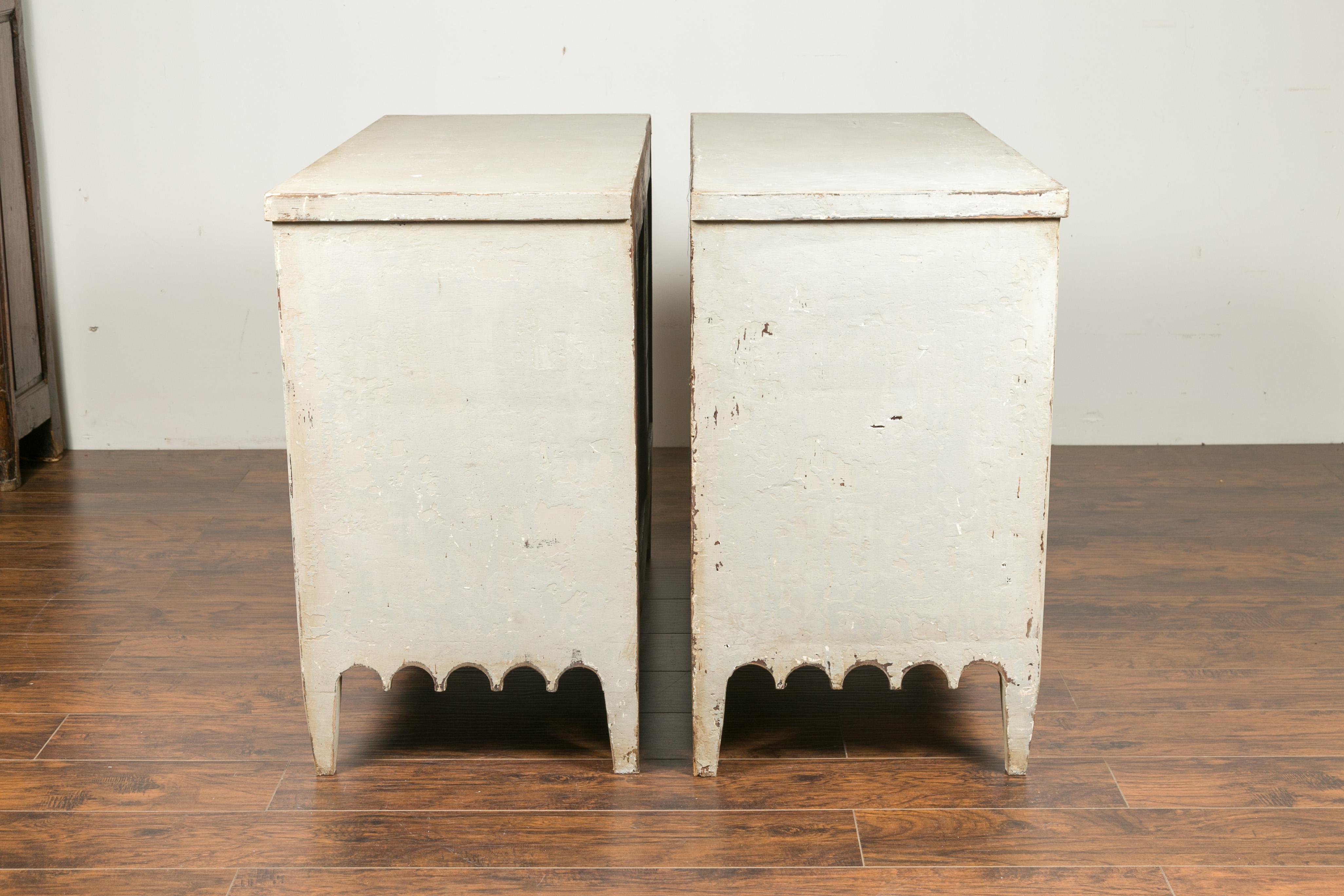 Wood Pair of 1870s Portuguese Painted Three-Drawer Commodes with Scalloped Aprons